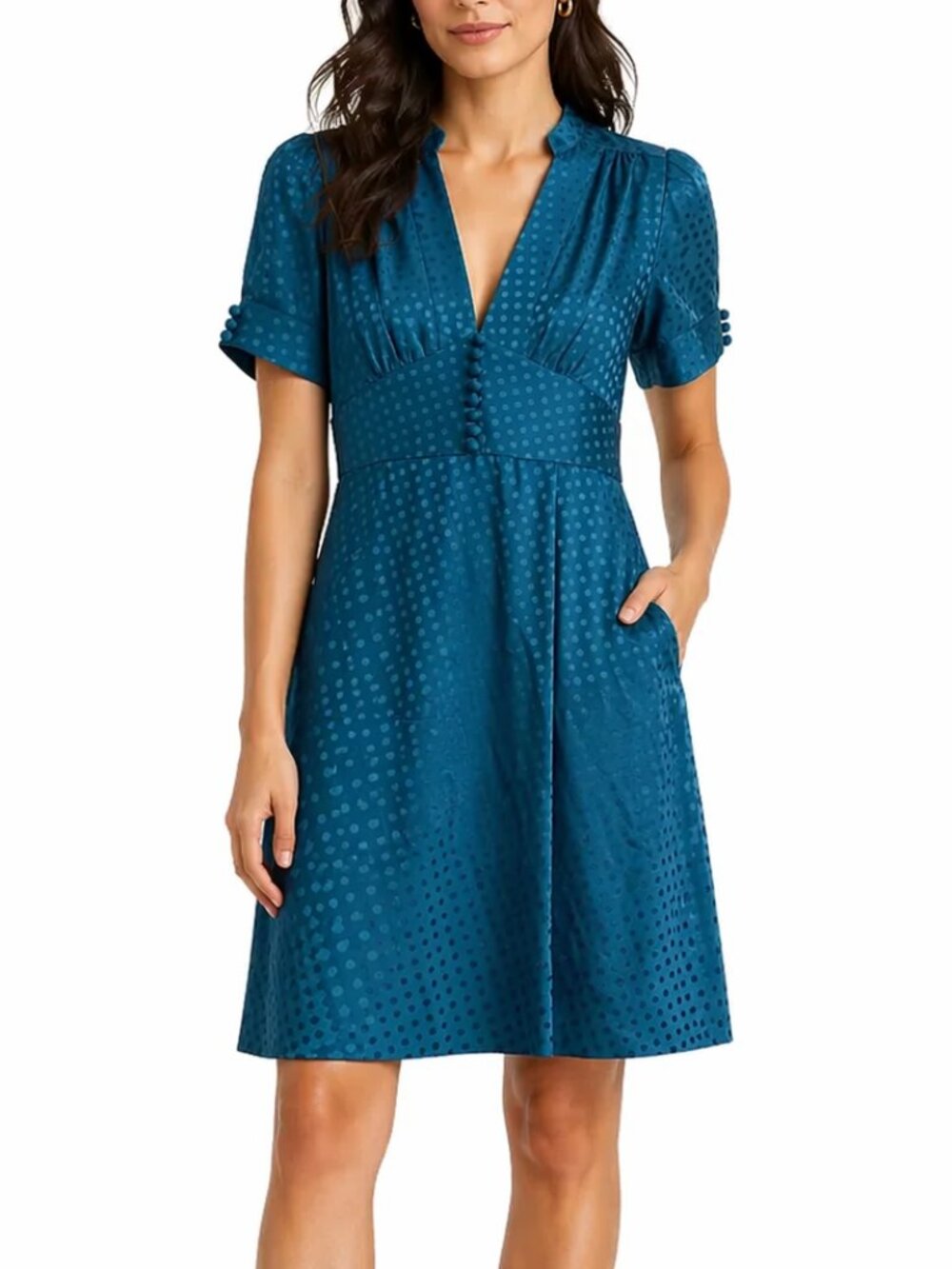 Y2K Silk Banana Republic Teal 100% Polka Dot Jacquard V-Neck Dress 2P Pocket